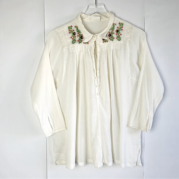 Free People Crinkled Cotton Blouse Floral shoulder embroidery - Picture 1 of 9